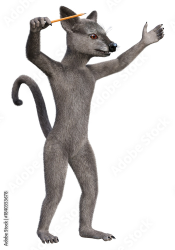 A gray anthropomorphic mouse standing in the pose of an orchestra conductor with a pencil in his hand. 3d rendering on transparent background, no AI used