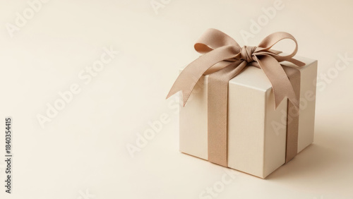 Elegant beige textured gift box adorned with a shimmering gold ribbon and bow, perfect for special occasions