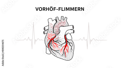 Human Heart with ECG Rhythm and Text "VORHOF-FLIMMERN" (Atrial Fibrillation): Heart Health Vector Illustration