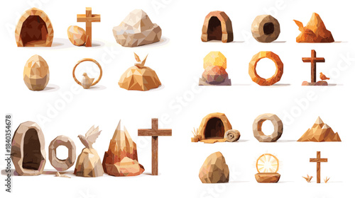 A stylized collection of Easter themed tombs, crosses, stones, and symbolic elements representing resurrection in earthy artistic tones, ideal for religious graphics and church materials.