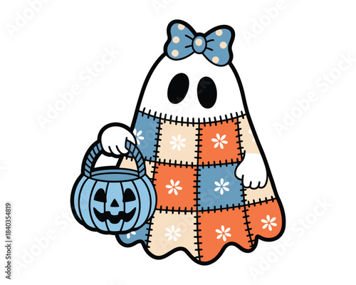 Cute Halloween Ghost with Pumpkin Basket and Bow