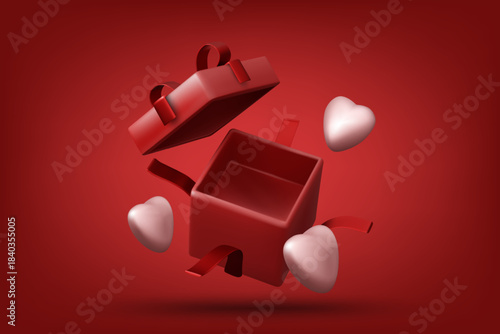 3D vector icon of open red gift box with floating hearts. Concept for valentine day surprise, love present, and holiday celebration. Minimalist and clean modern festive design illustration.