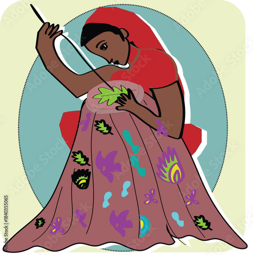 illustration of a woman engaged in embroidery or needlework. 