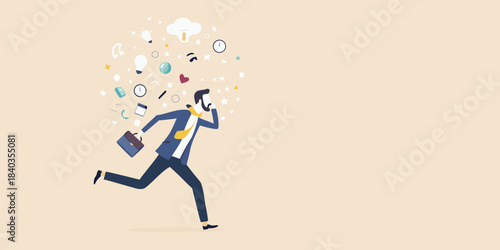 A businessman running with ideas and thoughts floating around his head