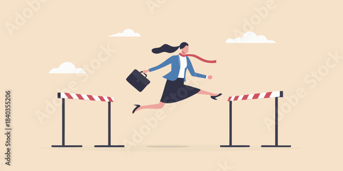 Businesswoman overcoming obstacles jumping over barriers with determination and a briefcase