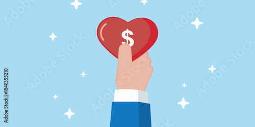 A hand gently pressing a red heart with a dollar sign inside
