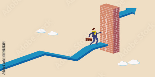Man climbing a brick wall on rising graph representing progress