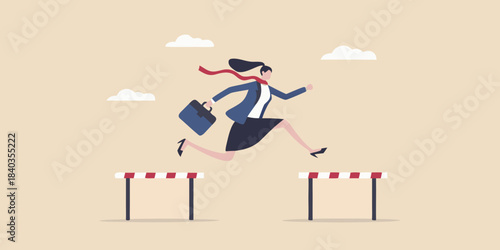 Businesswoman successfully jumping over hurdles representing overcoming challenges and achieving goals