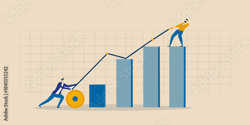 A person pushing a growing bar graph with effort and determination