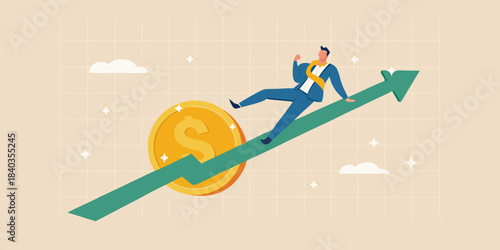 Business professional climbing a green arrow with a gold coin nearby