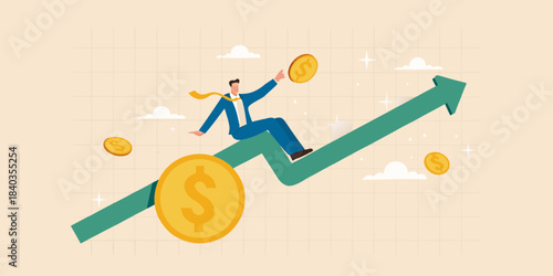 Man climbing an arrow pointing upwards with coins symbolizing financial growth