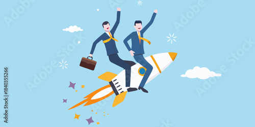 Businessmen launching on a rocket symbolizing success and growth in a vibrant scene