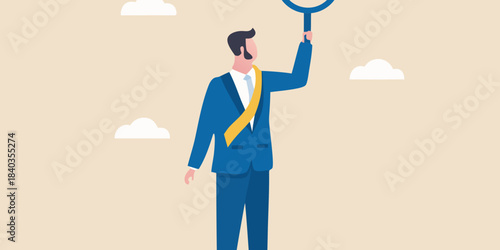 A businessman reaching for a ring suspended amongst fluffy white clouds