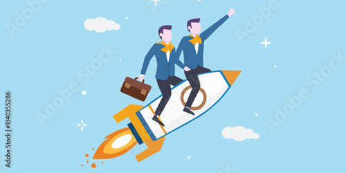 Business professionals riding a rocket symbolizing success and rapid growth