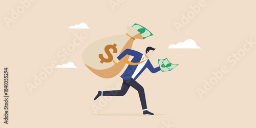 A businessman runs with a bag of money escaping with a financial gain