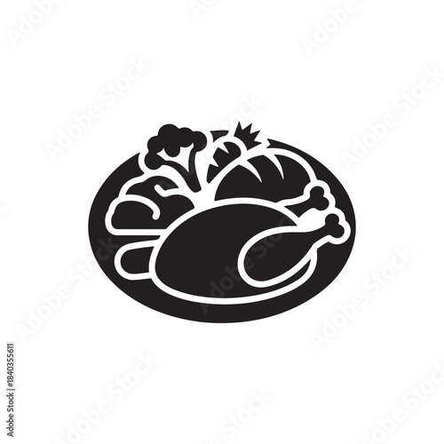 Feast Silhouette: A minimalist, high-contrast illustration of a bountiful meal presented on a platter, showcasing a roasted chicken alongside an assortment of fresh vegetables and bread.