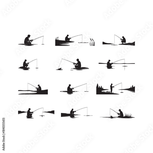 Black Color Man Fishing on Lake Silhouette Vector Art, Solid White Background.