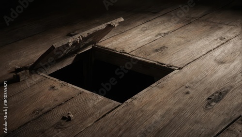 An open trap door in weathered wooden floorboards, revealing a dark void