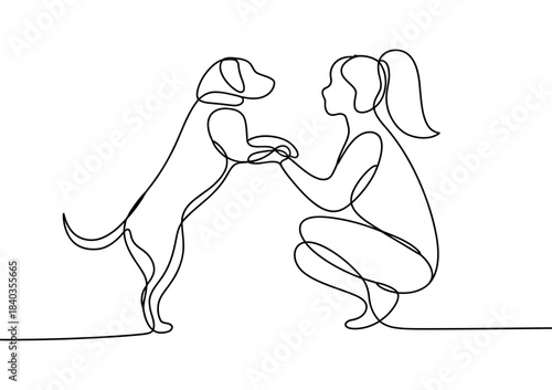 Continuous line drawing of a woman and her dog shaking paws in a playful and affectionate moment together