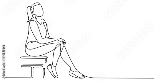 Continuous line drawing of a woman sitting on a bench in a minimalist style