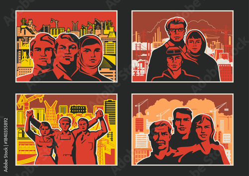Retro Style Working Propaganda Poster Set, Working People, Factory, Plant, Construction Site. Vintage Placards Style Vector Illustrations