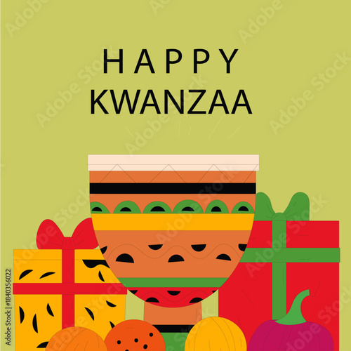 Kwanzaa Celebration: A vibrant illustration showcasing the spirit of Kwanzaa, featuring a colorful drum, gift boxes, and fresh fruit against a bright backdrop.