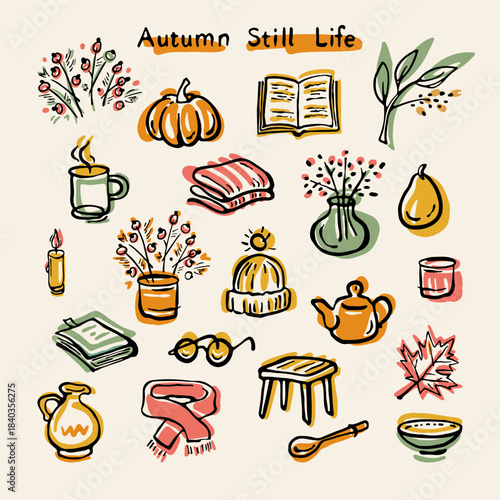 Hand-drawn autumn icons in a minimal ink-and-wash style, featuring cozy seasonal elements designed for branding, packaging, social media, editorial layouts, and modern lifestyle projects.