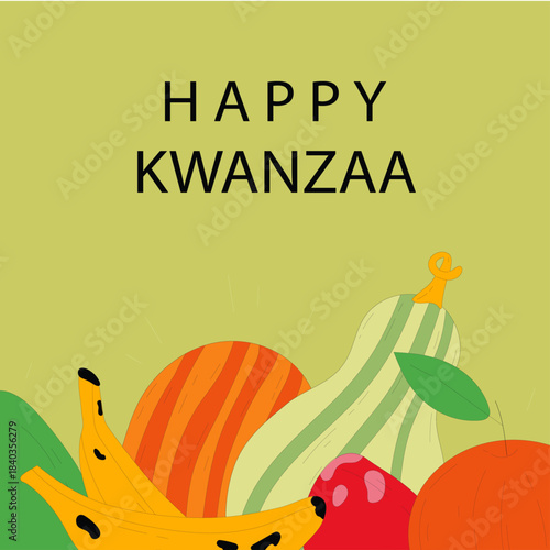 Minimalist graphic design celebrating the Kwanzaa holiday featuring stylized harvest fruits and vegetables against a soft green background wishing happiness