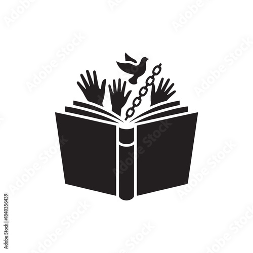 Symbol of Freedom: A visual representation of liberation, with a book symbolizing knowledge, chained hands representing oppression, and a dove embodying peace taking flight.