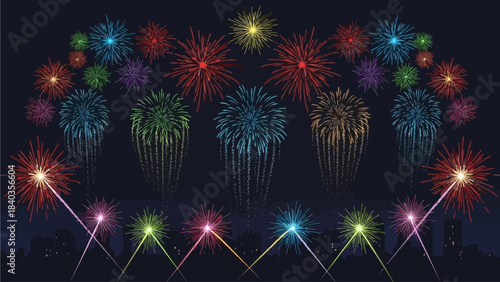 A spectacular night sky filled with an array of colorful fireworks and vibrant light beams illuminating a city skyline.