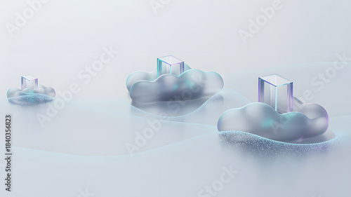 Cloud Computing Abstract illustration of geometric shapes on clouds, creating a surreal, dreamlike atmosphere.