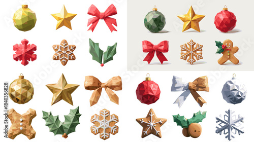 Festive Christmas ornaments including stars, bows, snowflakes, holly, baubles, and gingerbread cookies in colorful artistic styles. Perfect for holiday cards, decor, packaging, and winter designs.