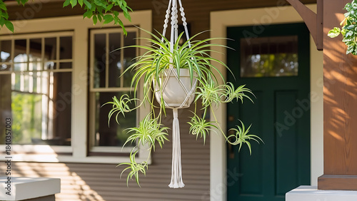 Hanging potted houseplant on home porch, natural lifestyle photo for interior and garden decoration
