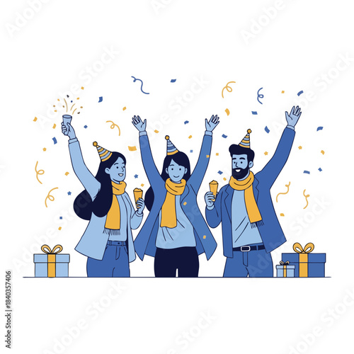 Happy people celebrating with confetti and gifts, wearing party hats and holding drinks, a joyful scene of togetherness and festivity