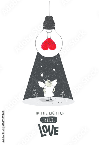 Vector cartoon sketch of Angel who calls to be in the light of self-love, to love yourself. Angels advise creating a seed of love. Concept of philanthropy and support. Happy valentine's day postcard.