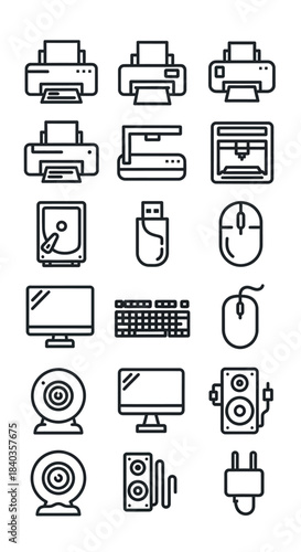 Collection of Black and White Outline Icons Representing Various Computer Peripherals.