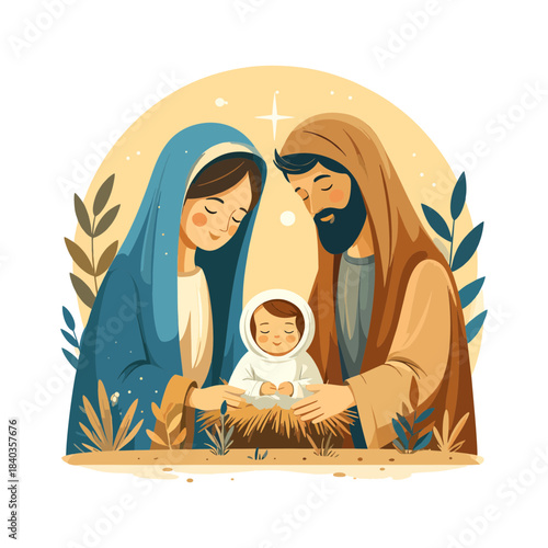 Serene illustration of a tender nativity scene, depicting a loving family embracing their newborn infant in a humble manger, radiating peace and hope