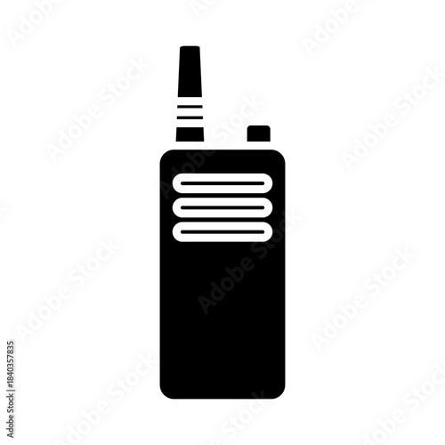 Walkie talkie vector icon. Portable radio communication device with antenna, ideal for emergency, outdoor, or security applications. Black silhouette isolated on white background. vector illustration