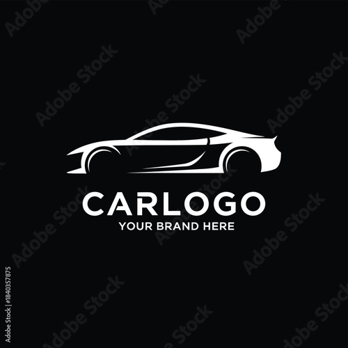Modern sports car logo design with typography and black background