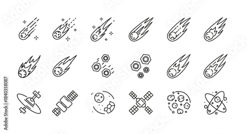 Collection of Black and White Space Icons - Meteors, Satellites, and Celestial Bodies.