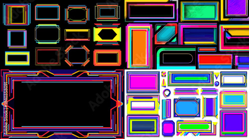 Neon futuristic frames in bold glowing colors on a dark background. Suitable for cyber themes, digital interfaces, retro wave designs, posters, banners, and modern graphic layouts.