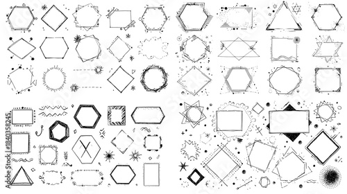 Hand drawn geometric frames, borders, and abstract shapes with sketchy artistic lines. Ideal for notes, labels, posters, abstract design elements, and creative layout decorations.