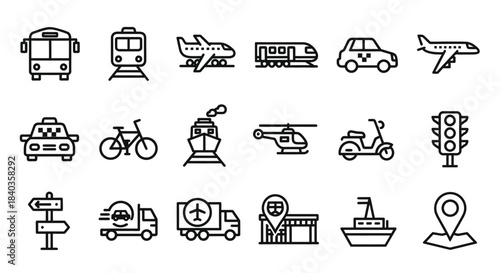 Collection of Black Line Art Transportation Icons Depicting Various Vehicles.