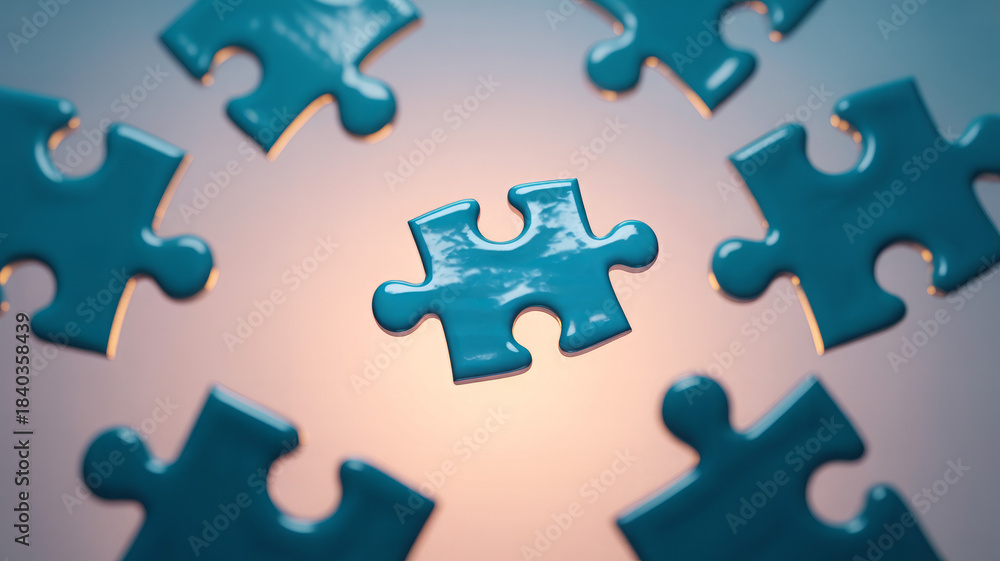 Fototapeta premium Single blue puzzle piece in the center, surrounded by others