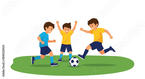 Three happy young boys in colorful jerseys enjoying a game of soccer on a green field, celebrating a moment of excitement.