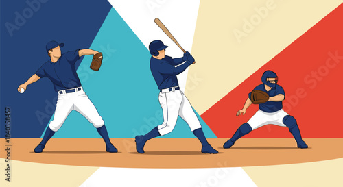 Set of baseball players in action poses, including a pitcher, batter, and catcher, against a modern color block background.