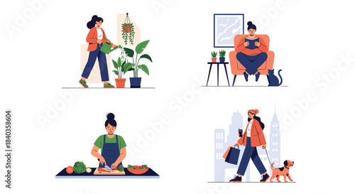 Set of four illustrations showing a woman's daily routine and hobbies, including gardening, reading, cooking, and walking her dog.