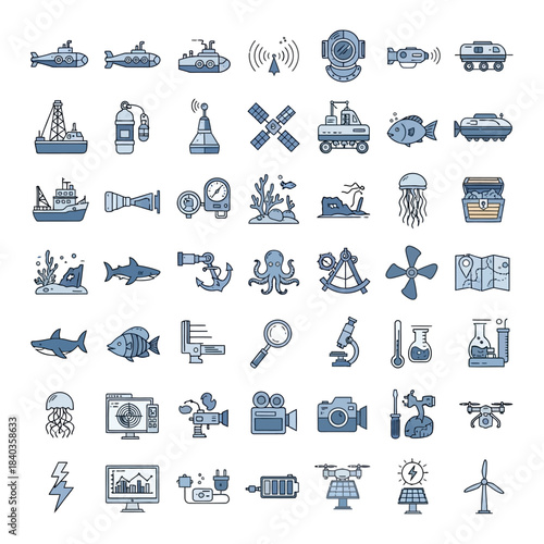 Collection of Blue and Gray Nautical and Technological Icons, Isolated on White Background.