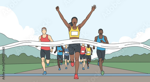 Female runner celebrating her victory as she crosses the finish line first in a marathon, with other athletes running behind her.