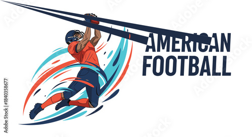Dynamic illustration of an American football player in mid-air, making a spectacular catch during a competitive game or match.